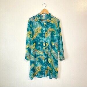 IOS Vintage 100% Silk Paisley Blue Turquoise Green Tunic Top Button Front Shirt